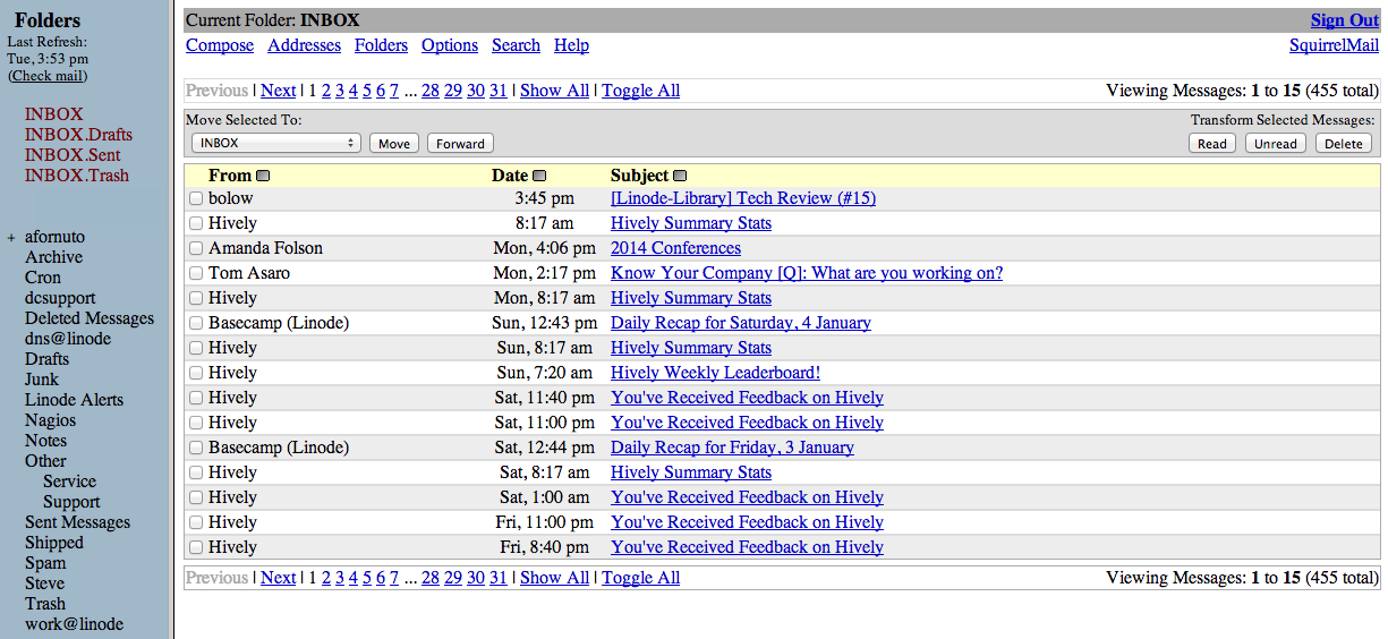 SquirrelMail Inbox view.