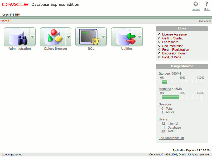 The Oracle XE administration home page. The Oracle XE administration home page.
