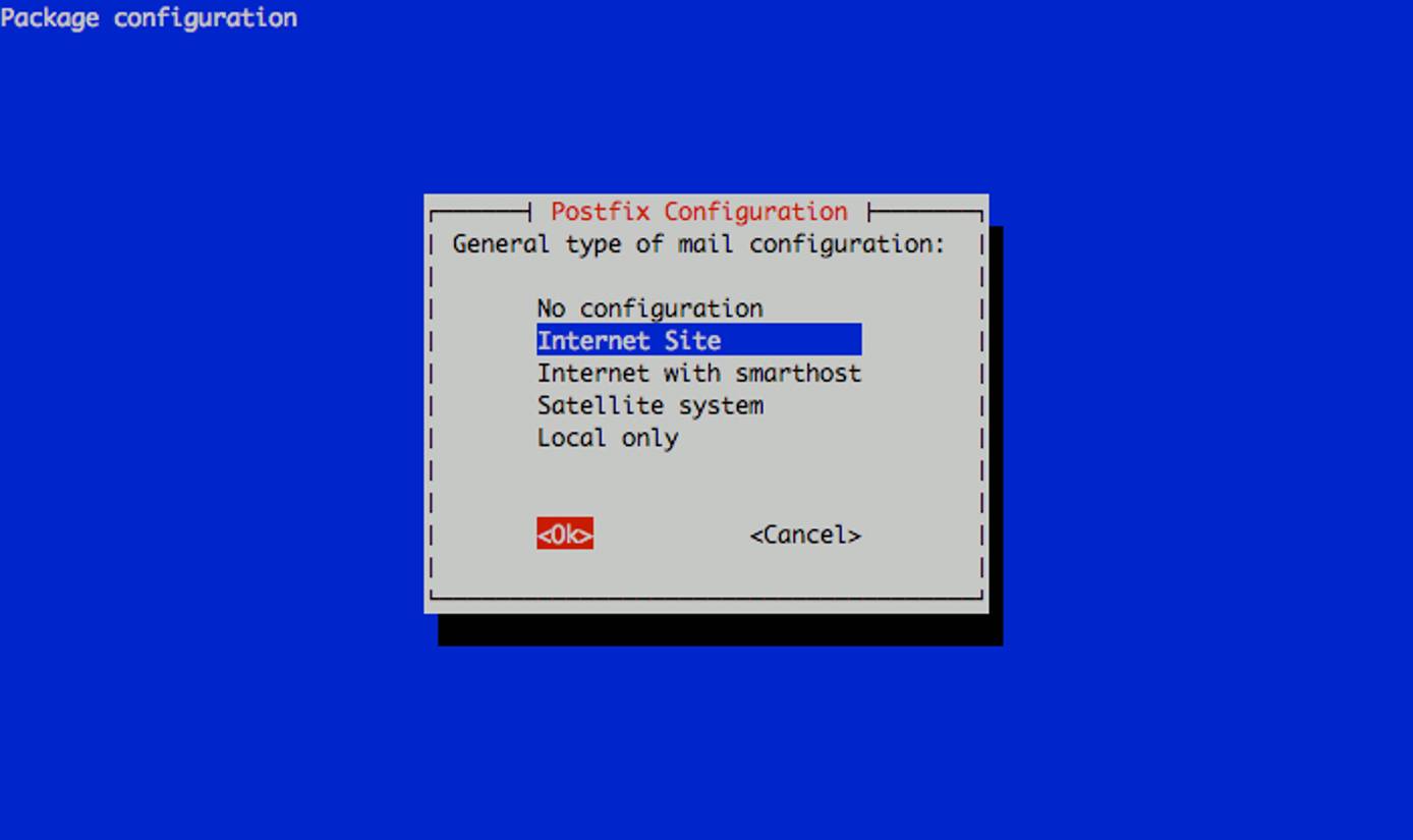 Selecting the Postfix mail server configuration type on a Debian 5 (Lenny) system. Selecting the Postfix mail server configuration type on a Debian 5 (Lenny) system.