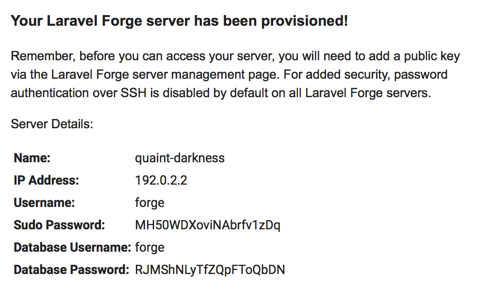 An email confirmation for your new Forge-created server Email Confirmation