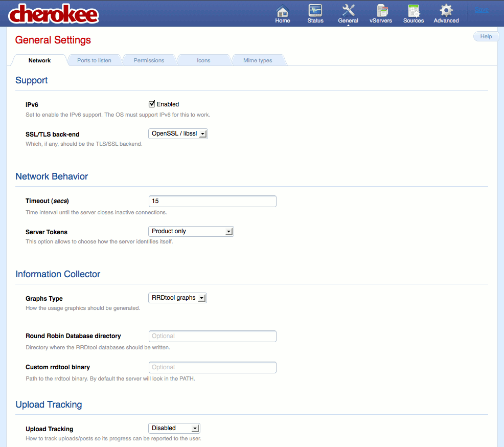Network tab on the general page of the Cherokee admin panel on Fedora 13. Network tab on the general page of the Cherokee admin panel on Fedora 13.