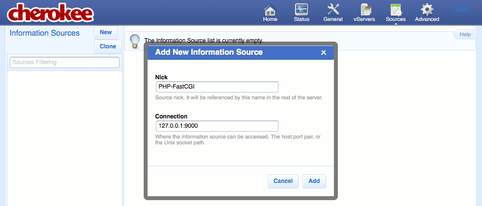 Creating a new information source on the “Sources” page of the Cherokee admin panel on Fedora 13. Creating a new information source on the “Sources” page of the Cherokee admin panel on Fedora 13.