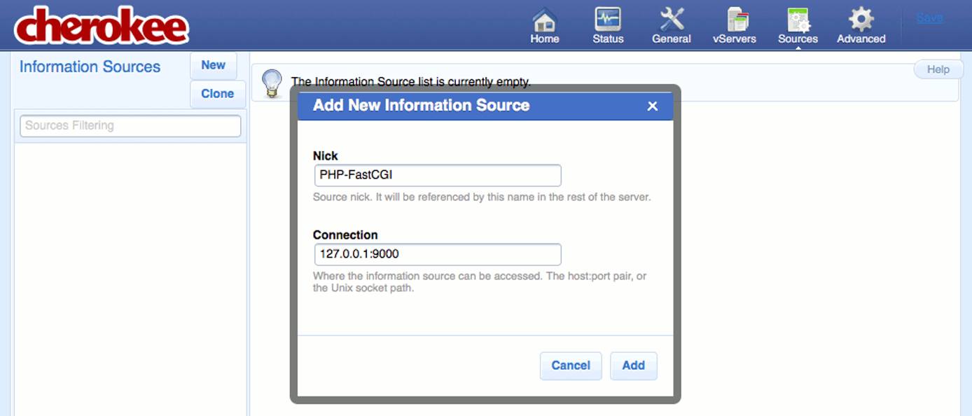 Creating a new information source on the “Sources” page of the Cherokee admin panel on Fedora 13. Creating a new information source on the “Sources” page of the Cherokee admin panel on Fedora 13.